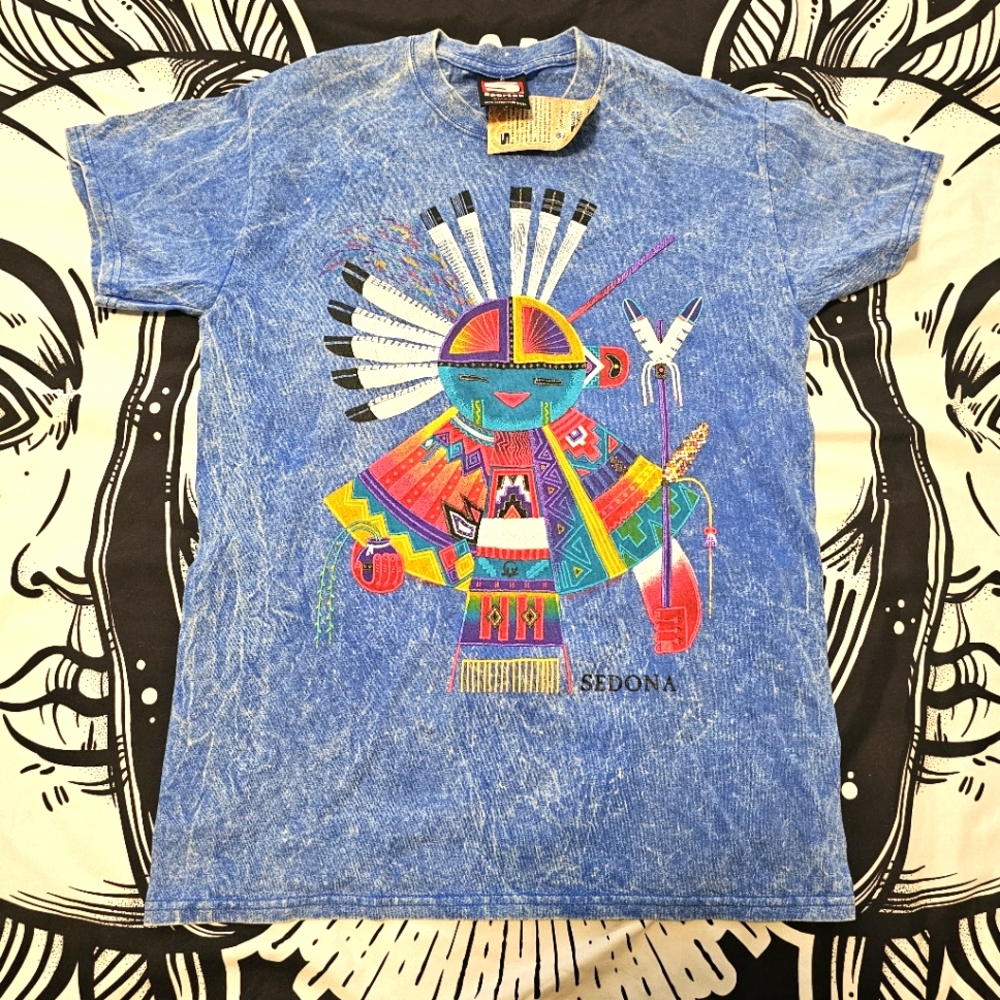 Sedona Vtg Blue Graphic Native American Unisex T-Shirt Size Small Blue Acid Wash